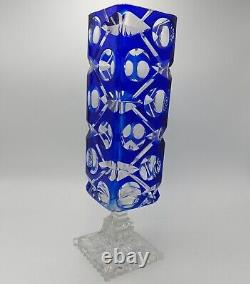 Bohemian Cobalt Blue Cut To Clear Crystal Glass Vase 13 STUNNING