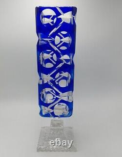 Bohemian Cobalt Blue Cut To Clear Crystal Glass Vase 13 STUNNING