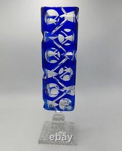 Bohemian Cobalt Blue Cut To Clear Crystal Glass Vase 13 STUNNING