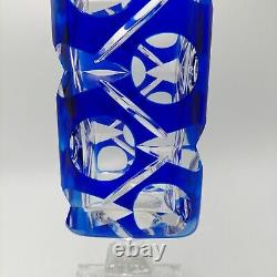 Bohemian Cobalt Blue Cut To Clear Crystal Glass Vase 13 STUNNING