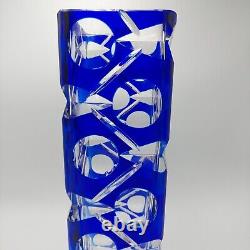 Bohemian Cobalt Blue Cut To Clear Crystal Glass Vase 13 STUNNING