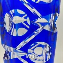 Bohemian Cobalt Blue Cut To Clear Crystal Glass Vase 13 STUNNING