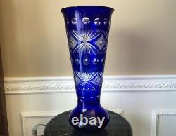 Bohemian Cobalt Blue Cut to Clear Large 15 3/4 Crystal Centerpiece Vase