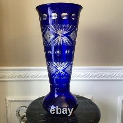Bohemian Cobalt Blue Cut to Clear Large 15 3/4 Crystal Centerpiece Vase