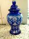 Bohemian Colbalt Blue Cut To Clear Crystal Lidded Urn Vase Jar 12