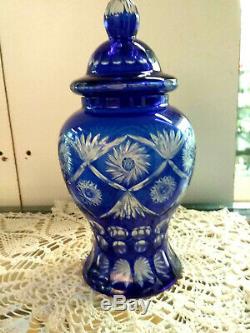 Bohemian Colbalt Blue Cut to Clear Crystal Lidded Urn Vase Jar 12