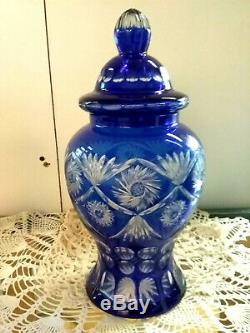 Bohemian Colbalt Blue Cut to Clear Crystal Lidded Urn Vase Jar 12