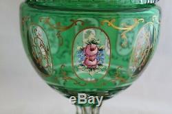 Bohemian Crystal Green Cut Glass Gold Gilt Enameled Flowers Urn Vase Dish