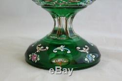 Bohemian Crystal Green Cut Glass Gold Gilt Enameled Flowers Urn Vase Dish