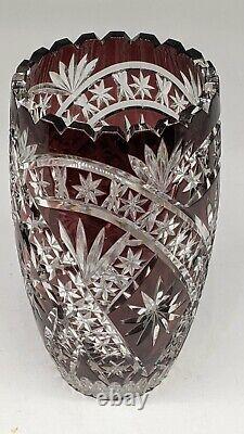 Bohemian Crystal Vase Cranberry Red cut to Clear 8