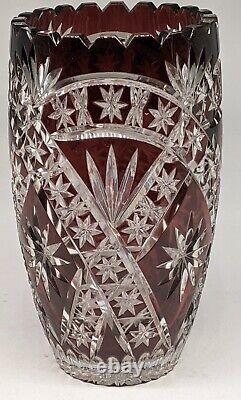 Bohemian Crystal Vase Cranberry Red cut to Clear 8