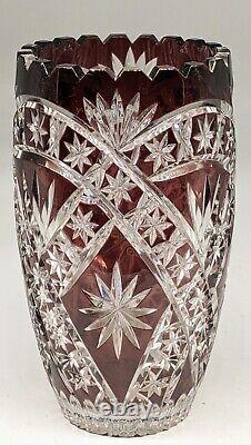 Bohemian Crystal Vase Cranberry Red cut to Clear 8