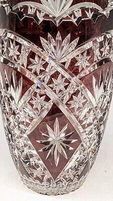 Bohemian Crystal Vase Cranberry Red cut to Clear 8