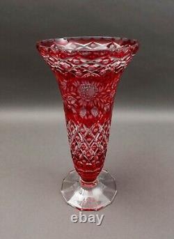 Bohemian Crystal Vintage Cranberry Red Cut To Clear Footed Art Glass Vase 13.75
