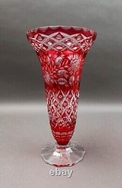 Bohemian Crystal Vintage Cranberry Red Cut To Clear Footed Art Glass Vase 13.75