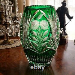 Bohemian Cut to Clear Green Glass Crystal Vase-Roses/Floral-Nice Detail/Design