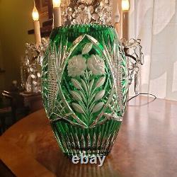 Bohemian Cut to Clear Green Glass Crystal Vase-Roses/Floral-Nice Detail/Design