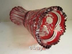 Bohemian Cut to Clear Ruby Red Handcut Vase Sawtooth Cabbage Rose Crystal 10