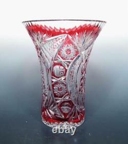 Bohemian Czech Art Glass Cranberry Lead Crystal Cased Cut Clear 10 LARGE Vase