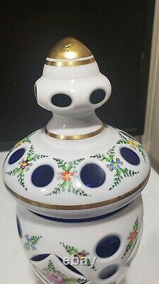 Bohemian Czech Cased White Cut to Cobalt Blue Handpainted Compote with Lid