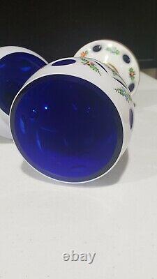 Bohemian Czech Cased White Cut to Cobalt Blue Handpainted Compote with Lid