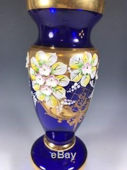 Bohemian Czech Cobalt Blue 24K Gold Enamel Hand Cut Crystal Vase