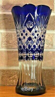 Bohemian Czech Cobalt Blue Cut To Clear Brilliant Crystal Vase