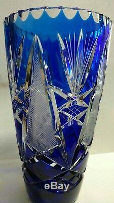 Bohemian Czech Cobalt Blue Cut To Clear Crystal 7 1/4 Vase