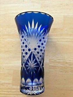 Bohemian Czech Cobalt Blue Cut To Clear Crystal 7 Vase