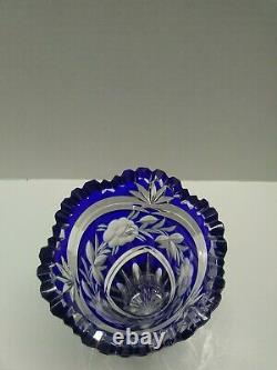 Bohemian Czech Cobalt Blue Cut To Clear Crystal Art Glass Vase