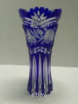Bohemian Czech Cobalt Blue Cut To Clear Crystal Art Glass Vase