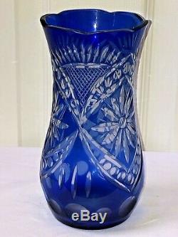 Bohemian Czech Cobalt Blue Cut To Clear Crystal Art Glass Vase 7.5 x 4 Mint
