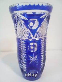 Bohemian / Czech Cobalt Blue Cut to Clear Glass Vase crystal vintage heavy
