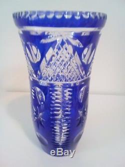 Bohemian / Czech Cobalt Blue Cut to Clear Glass Vase crystal vintage heavy