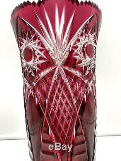 Bohemian Czech Cranberry Red 11 saw tooth cut to clear Art Glass crystal vase
