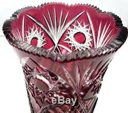 Bohemian Czech Cranberry Red 11 saw tooth cut to clear Art Glass crystal vase