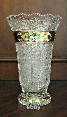 Bohemian Czech Crystal Gold 12 Tall Vase Hand Cut Queen Lace 24% Lead Glass
