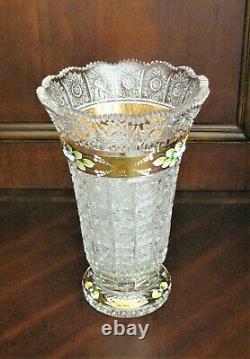 Bohemian Czech Crystal Gold 12 Tall Vase Hand Cut Queen Lace 24% Lead Glass