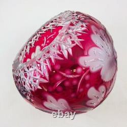 Bohemian Czech Crystal Rose Bowl Hibiscus Vase Jar Cut To Clear Cranberry Red