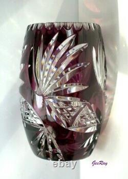 Bohemian Czech Crystal Vase, Amethyst Cut to Clear Crystal