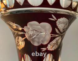 Bohemian Czech Crystal Vase Purple Amethyst Purple Etched & Hand Cut 11.25 Inch