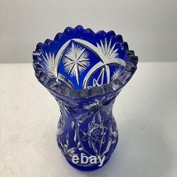 Bohemian Czech Cut to Clear Cobalt Blue Glass Crystal Vase 6.75 tall