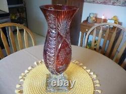 Bohemian Czech DZYR Red Cut to Clear Crystal Glass Vase 16