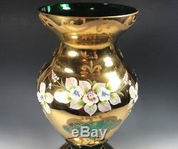 Bohemian Czech Emerald Green 24K Gold Enamel Hand Cut Crystal Vase