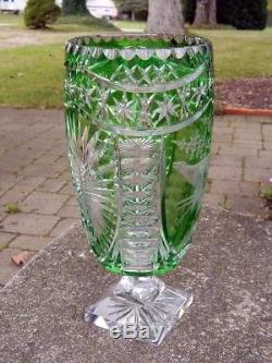 Bohemian Czech Green Cut Clear Turkey Footed Crystal Vase Artist Signed 13
