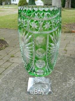Bohemian Czech Green Cut Clear Turkey Footed Crystal Vase Artist Signed 13