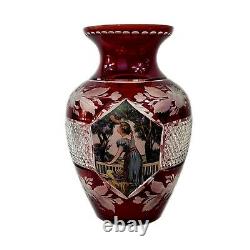 Bohemian Czech Hand Painted Cut to Clear Cranberry Crystal Glass Vase Signed