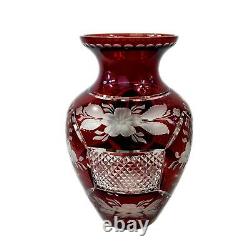 Bohemian Czech Hand Painted Cut to Clear Cranberry Crystal Glass Vase Signed