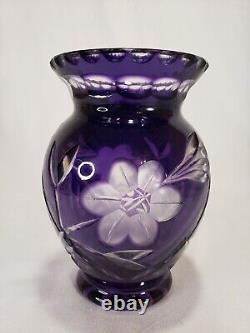 Bohemian Czech Intricate Cut to Clear Amethyst Crystal Vase Vintage