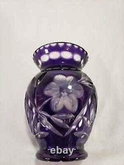 Bohemian Czech Intricate Cut to Clear Amethyst Crystal Vase Vintage